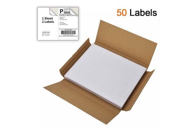 50 Shipping Labels 8.5"x5.5" Half Sheet Self Adhesive 2 Per Sheet USPS UPS Fedex