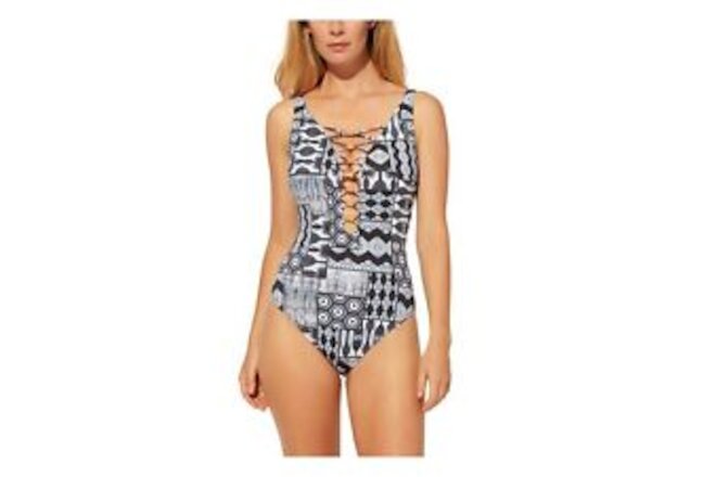 BLEU Women's Navy Stretch Plunging V-Neck Strappy Beaded One Piece Swimsuit 4