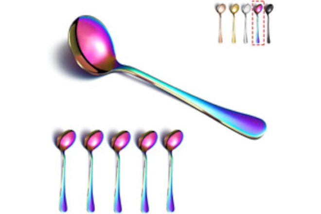 Rainbow Soup Spoons,  6 Pieces Stainless Steel round Spoons with Rainbow Titaniu