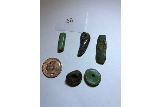 Pre Columbian Mayan Authentic Polished (5) Jade Carved / Tubular Beads bundle