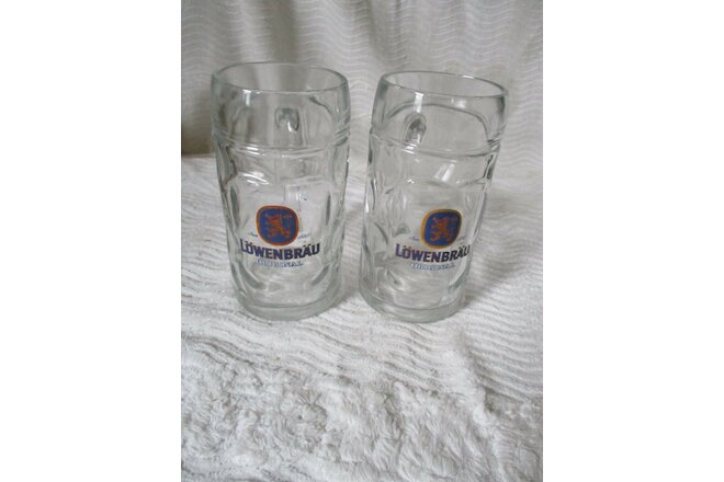 2 ~ Vintage LOWENBRAU ORIGINAL 0.51L Clear Glass Beer Drinking Mugs NOS NEW