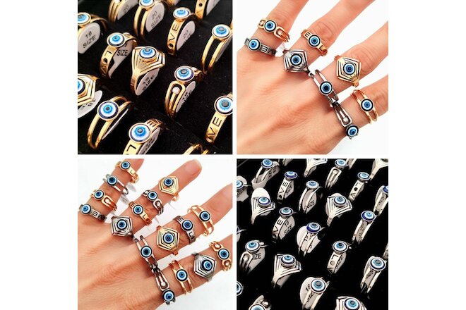36pcs Vintage Style Stainless Steel Blue Eye Ring Retro Punk Women's Lucky Ring