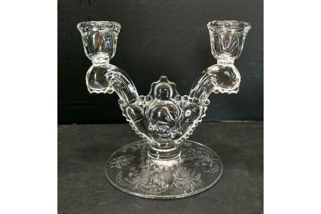 Lot of 2 Heisey Etched Crystal Orchid Waverly 2 Candle Stick Holder JP1