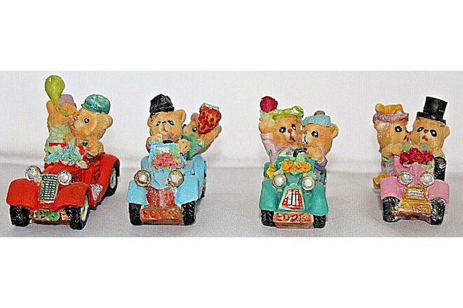 Vintage Set of 4 Hand Painted Polyresin Teddy Bear Couples in Cars Ornaments