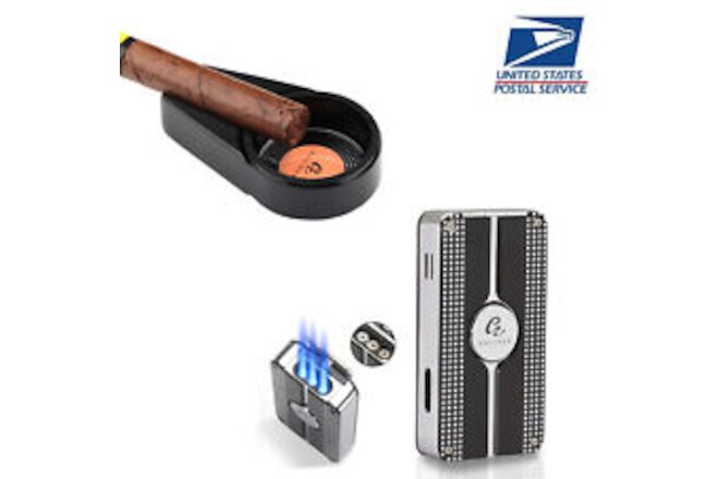 Galiner Pocket Torch Cigar Lighter 3 Jet Flame Metal Cigar Ashtray 1 Slot Holder