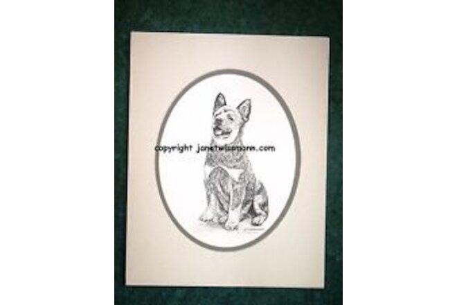 FINE-ART PRINT with oval mat Australian Cattle Dog Blue Red Heeler Puppy drawing