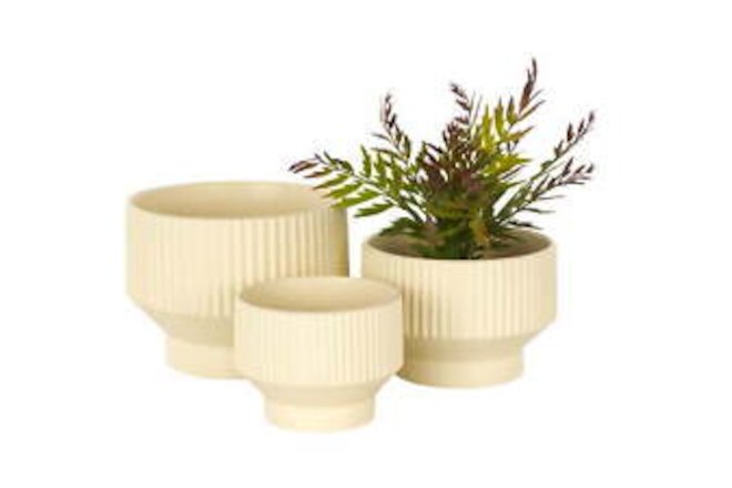 10", 8", 7"W Wide Cream Ceramic Planter with Linear Grooves and Tapered Bases