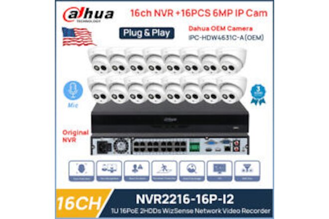 Dahua 16CH 16PoE NVR NVR2216-16P-I2 6MP PoE Security Camera System Mic CCTV Lot