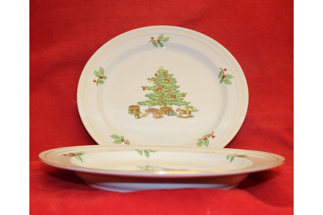Holiday Hostess Tienshan w/ Gold Band Christmas Tree 2 Dinner Plate10 5/8 in