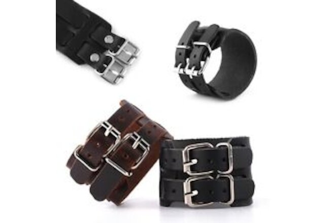 Men's Wide Leather Belt Strap Buckle Adjustable Cuff Bangle Wristband Bracelet