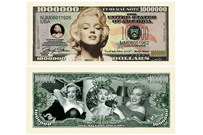 Marilyn Monroe Pack of 5 Collectible 1 Million Dollar Bills Funny Money Novelty