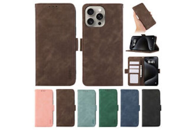 Fr iPhone 15 Pro Max 14 13 12 Retro Wallet RFID Card Slots Stand PU Leather Case