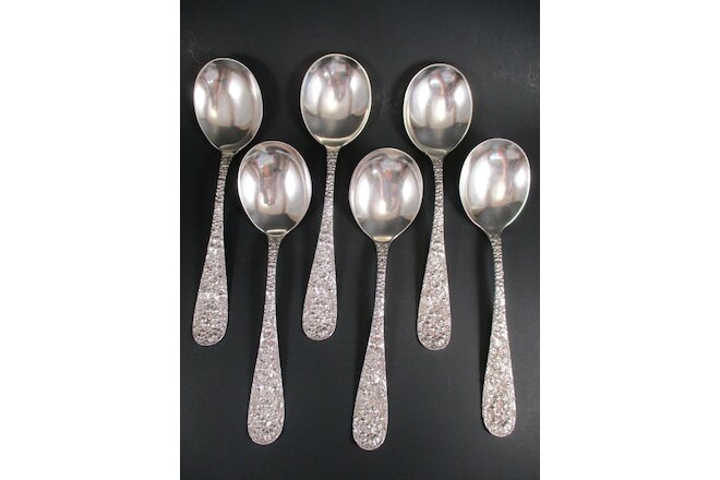 6 Stieff Rose Sterling Silver Soup Spoons, 6-7/8"