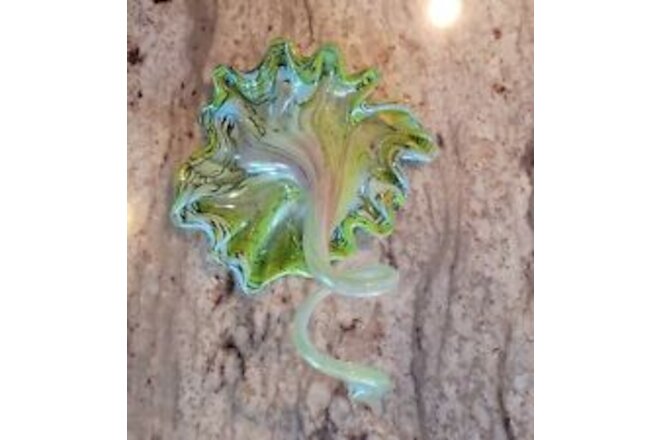 Vtg Hand Blown Art Multi Hued Green Glass Flower With Curly Stem Murano Inspired