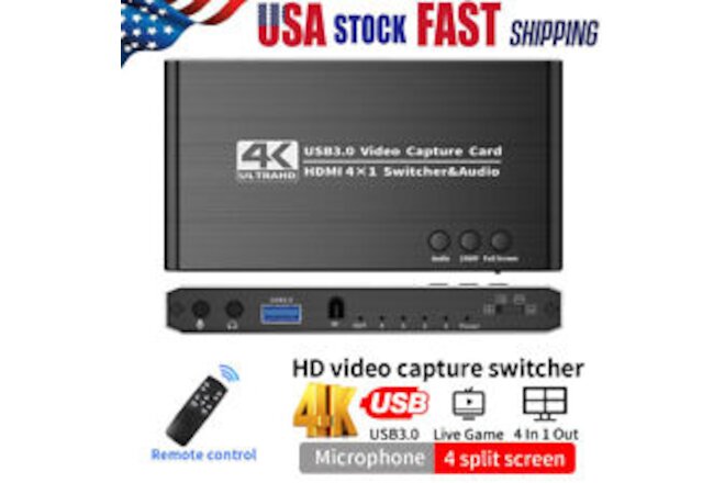 4K Audio Video Capture Card USB 3.0 HDMI Game Capture 4X1 Switcher for Streaming