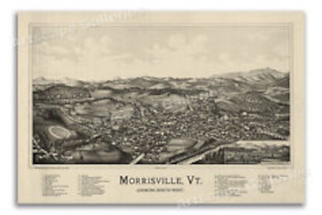 Bird's Eye View 1889 Morrisville Vermont Vintage Style City Map - 16x24