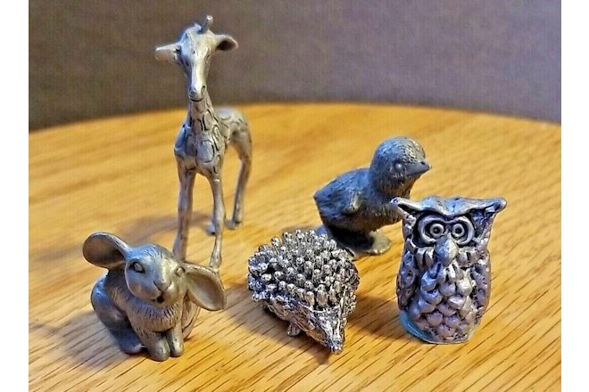Pewter Chick Rabbit Hedgehog Owl & Giraffe Animal Figures Lot of 5