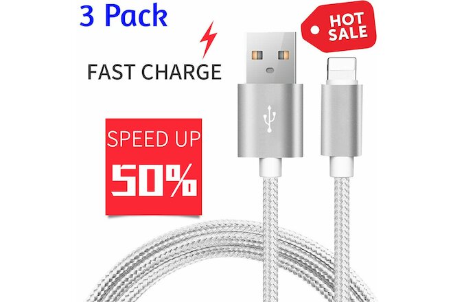 3PACK 10FT Heavy Duty Braided USB Charger Cable Cord For iPhone 11 XS X 8 7 6 6S