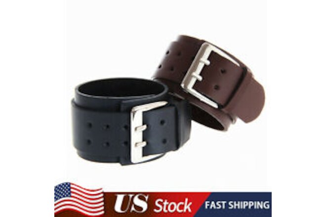 Mens Double Layer Adjustable Wide Leather Punk Bracelet Belt Bangle Wristband US