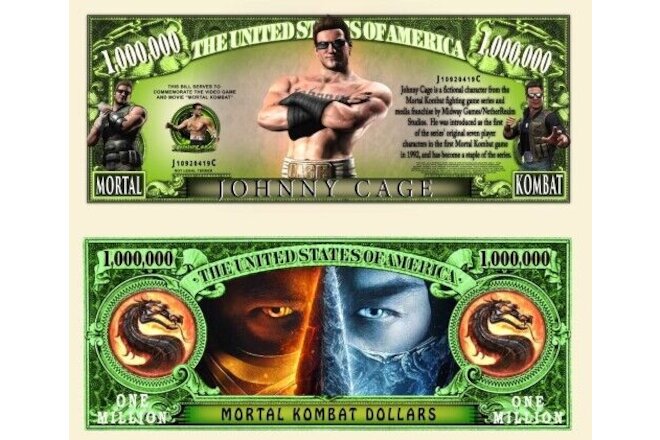 Mortal Kombat Johnny Cage Pack of 10 Collectible 1 Million Dollar Bills Novelty
