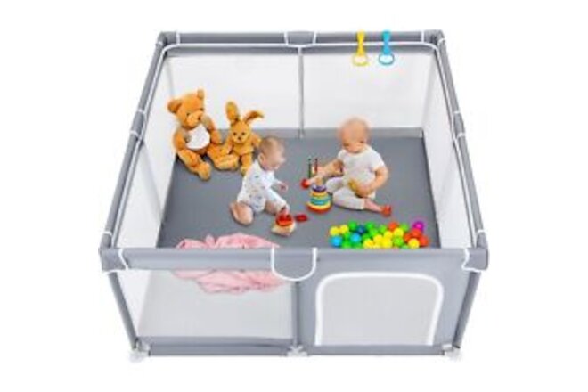 Large 50"x50" Playpen for Toddlers- Mesh, With Door, Gray NEW-FAST SHIPPING