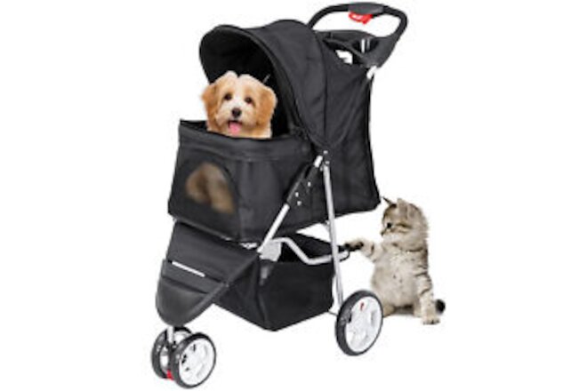 Foldable Pet Stroller 3 Wheel Stroller with Cup Holder, Black