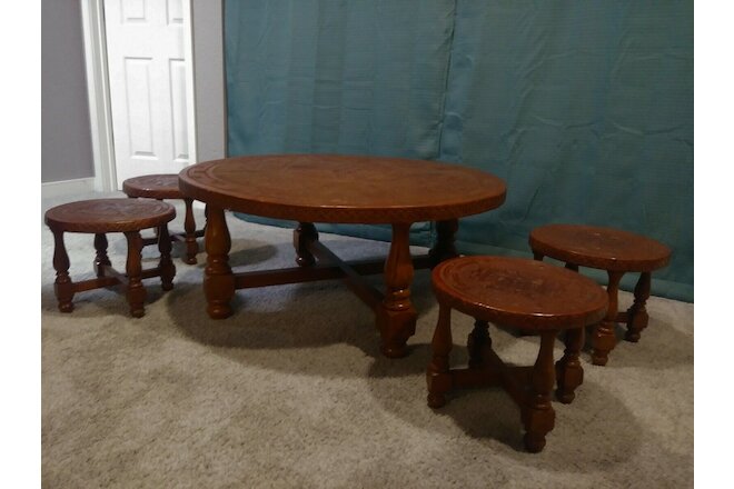Vintage Rare Peruvian Hand Tooled Leather Wooden Coffee Table With 4 Stools