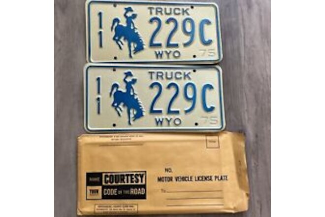 1975 NOS Wyoming TRUCK Cowboy & Horse License Plate Plates PAIR / SET #229C