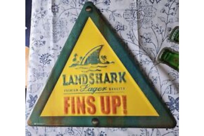 Landshark Lager FINS UP Metal Tin Beer Sign 21"x24" Man Cave Bar Jimmy Buffett