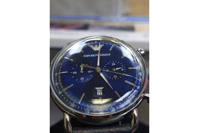 Emporio Armani Mens Blue Dial Black Leather Chronograph Watch AR11105 no box