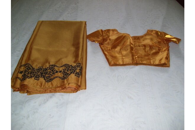 Indian Ethnic Silky Blk Embroidered Shimmering  Nylon Blends Sari Gold W/Blouse
