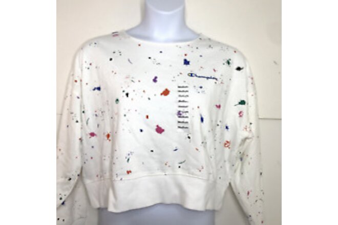 Champion Sweater Women's M White Oversized Crop Paint Splatter New NWT