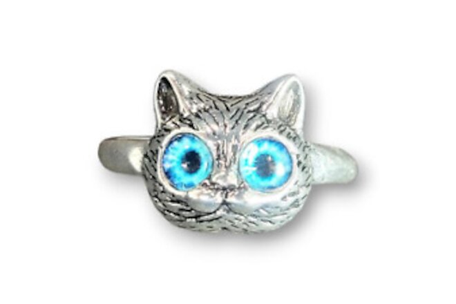 Blue Eyed Kitten Head Ring Size 8 Adjustable 925 Sterling Silver Cat Lover Gift