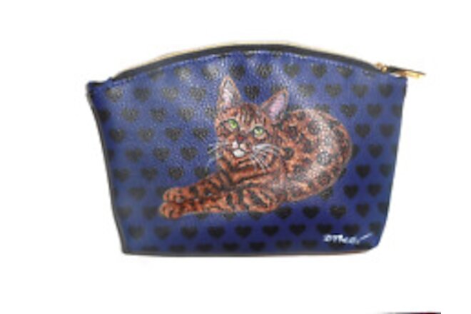 Bengal Cat Coin Purse Cosmetic Bag Hand Painted Purple Pouch