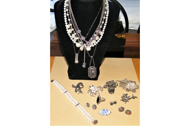Vintage (17)Pc Mostly STERLING SILVER MARCASITE PEARL JEWELRY LOT Judith Jack