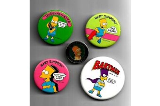 The Simpsons Pinback PIN Button Lot (5) BART SIMPSON with ATOMIC HOMER Metal Pin