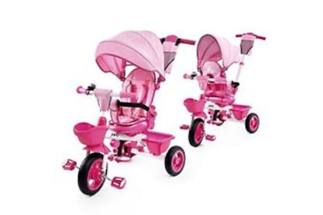 Baby Trike 6-in-1 Kids Tricycle w/ Adjustable Push Handle, Removable Canopy Pink