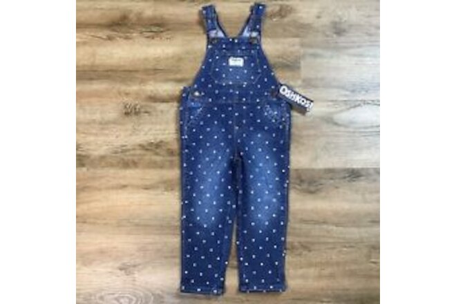 OshKosh Overalls Size 2T Denim Jean Dark Blue White Polka Dots Toddler Baby NWT