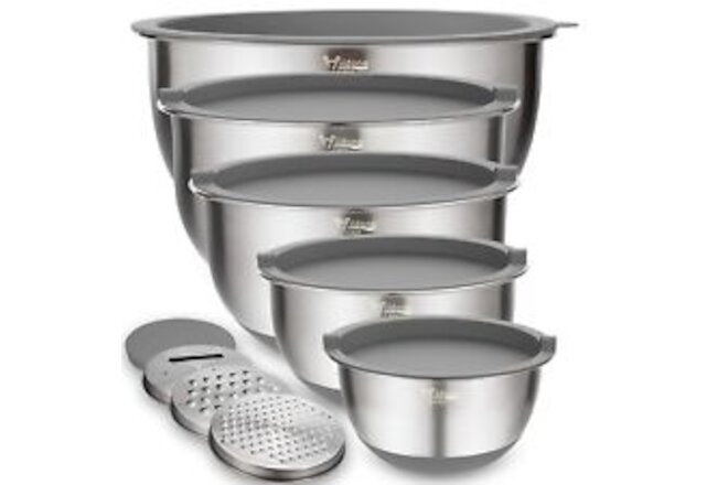 Wildone Mixing Bowls Set of 5, Stainless Steel Nesting Bowls with Grey Lids, ...