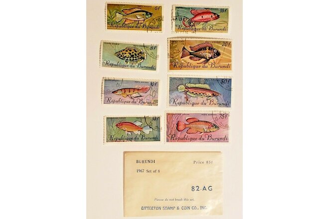 1967 Burundi Set of (8) Tropical Fauna Fish Stamps + Original Littleton Envelope