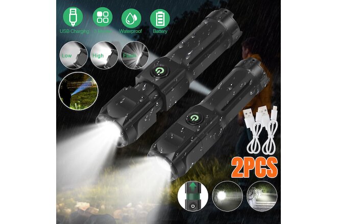 2Pc LED Tactical Flashlight USB Rechargeable Super Bright Zoomable T6 Torch Lamp