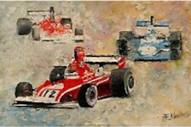 ANDRE DLUHOS Ferrari Formula 1 Vintage Race Car Lauda Original Art Oil Painting