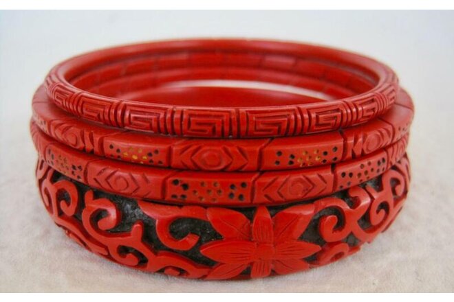 Chinese Red Cinnabar Style 4 Bangle Bracelets Carved Flowers Variety Unmarked