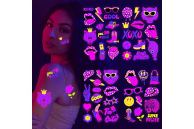 Neon Tattoos,80 Pcs Pink Preppy Blacklight Tattoos,Uv Neon Girls Women Body Face