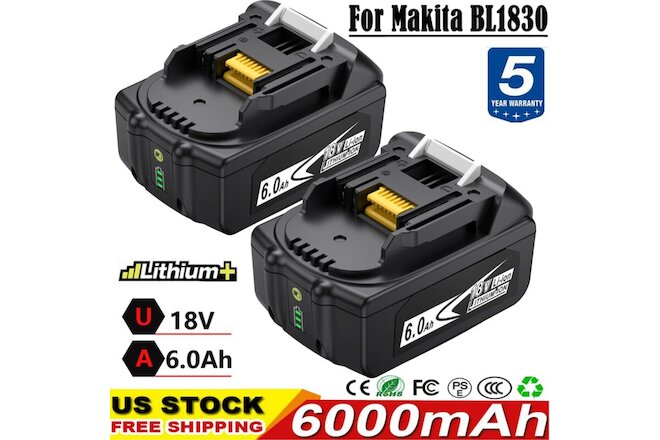 2Pack For Makita 18V 6.0Ah LXT Lithium-Ion BL1830 BL1850 BL1860 tool Battery LED