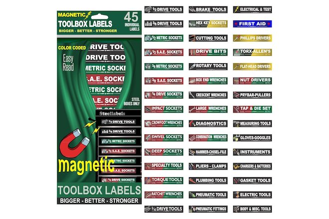 Ultimate Magnetic TOOLBOX LABELS fits all steel boxes tool chest & cabinets