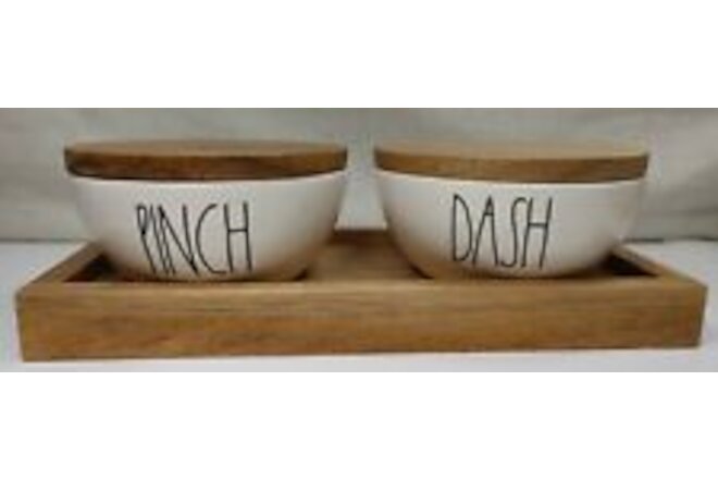 Rae Dunn By Magenta White Ceramic PINCH & DASH Bowls With Wood Lids & Tray