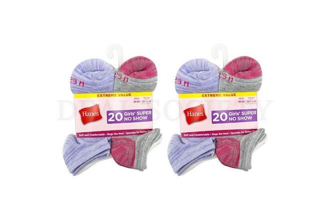Lot of 2 - Hanes Girls' 20pk Super No Show Socks Color Variety - 40 Pairs