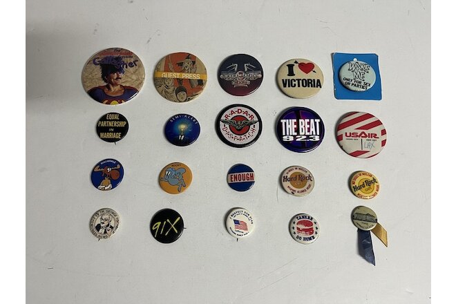 Lot of 20 Miscellaneous Pinback Buttons Vintage Advertising Tourism Music