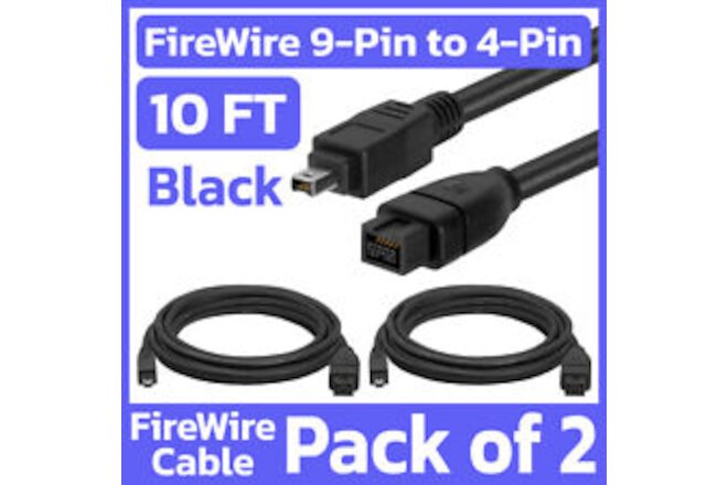 2 Pack FireWire 800 to 400 Cable 10ft IEEE1394b 9-Pin to 1394a 4-Pin Cord Black